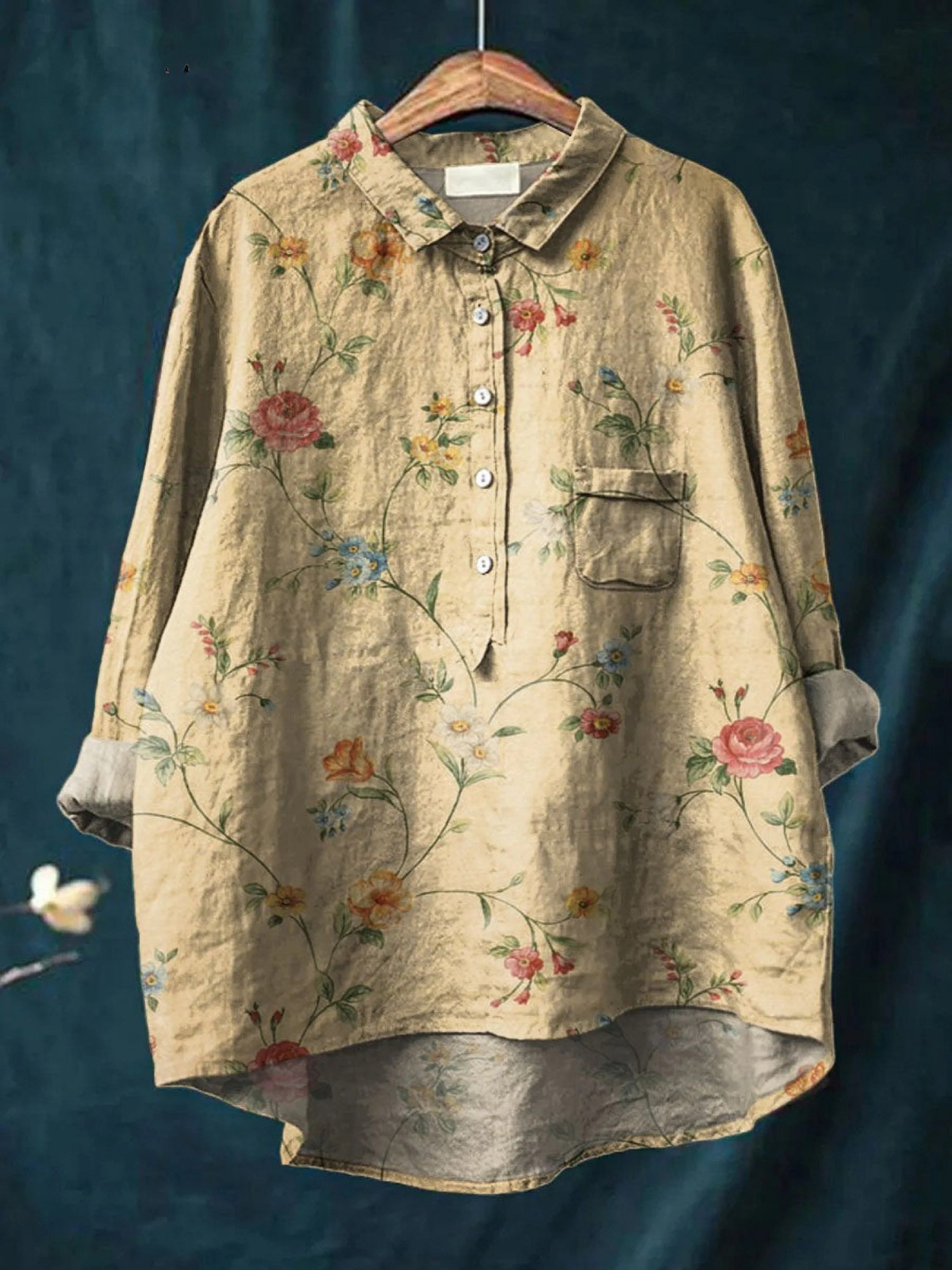 Kvinnes Vintage Blomster Kunst Trykk Casual Skjorte