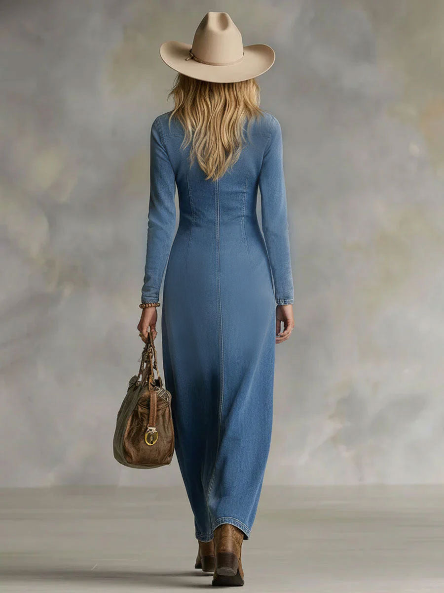 Agape | V-hals Enkel knapp Sidesplit Denim Lange ermer Maxi-kjole