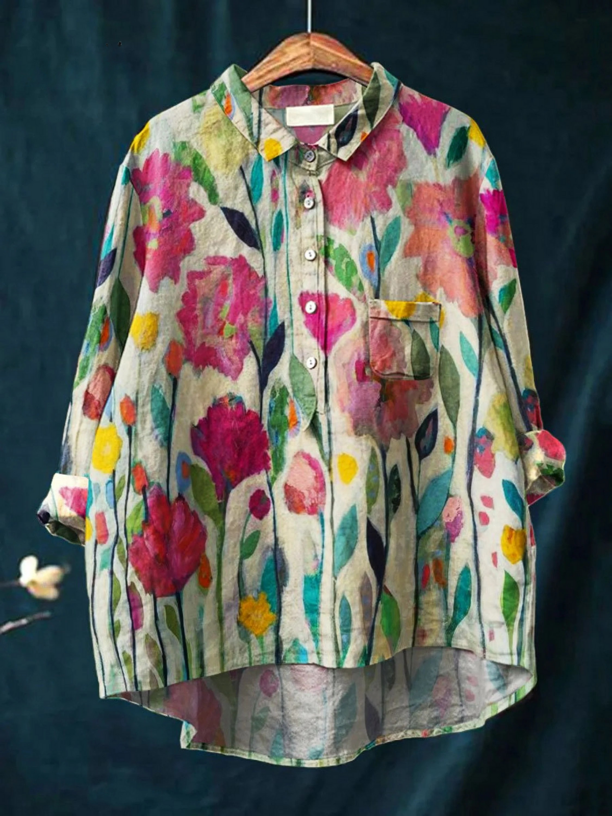 Kvinnes Vintage Blomster Kunsttrykk Casual Skjorte