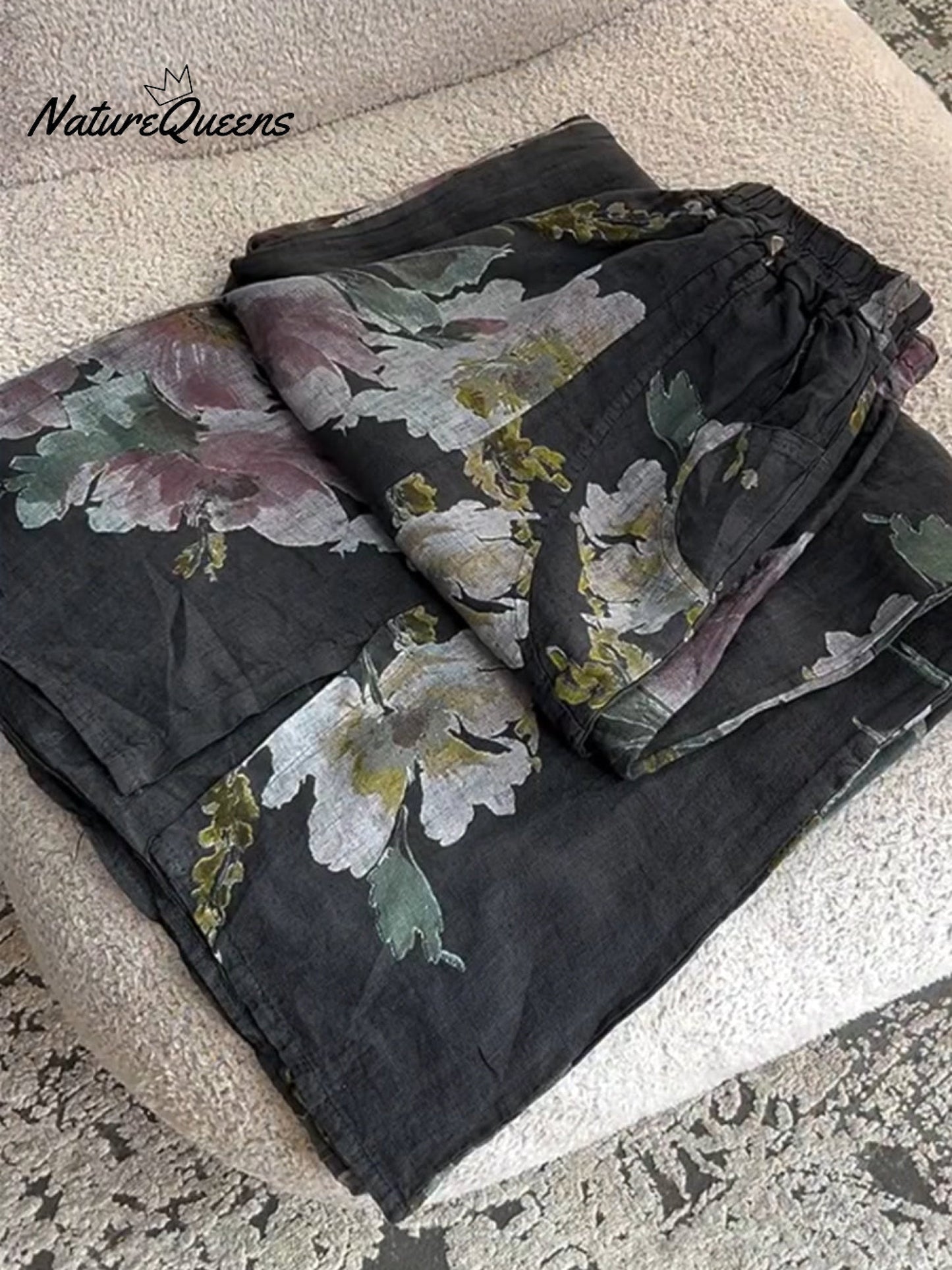 Kvinne Vintage Blomstertrykk Casual Bomull og Lin Bukser