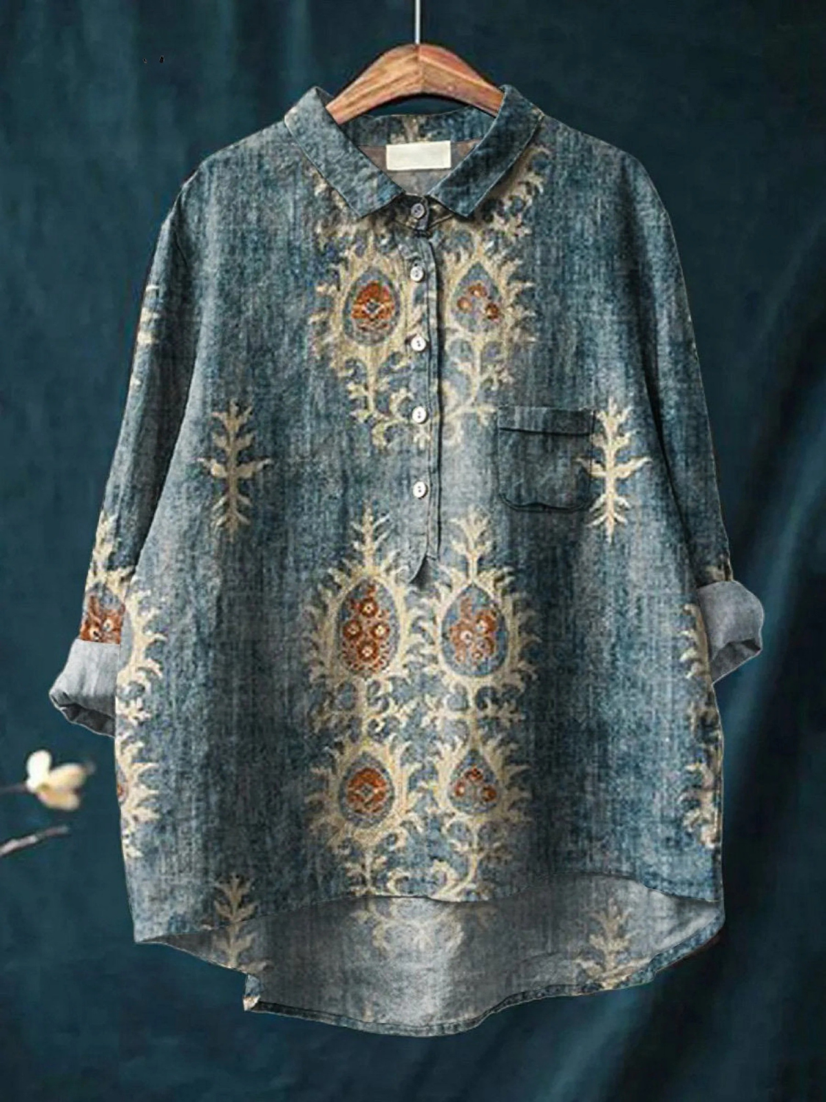 Kvinnes Vintage Etnisk Blomster Kunsttrykk Casual Skjorte