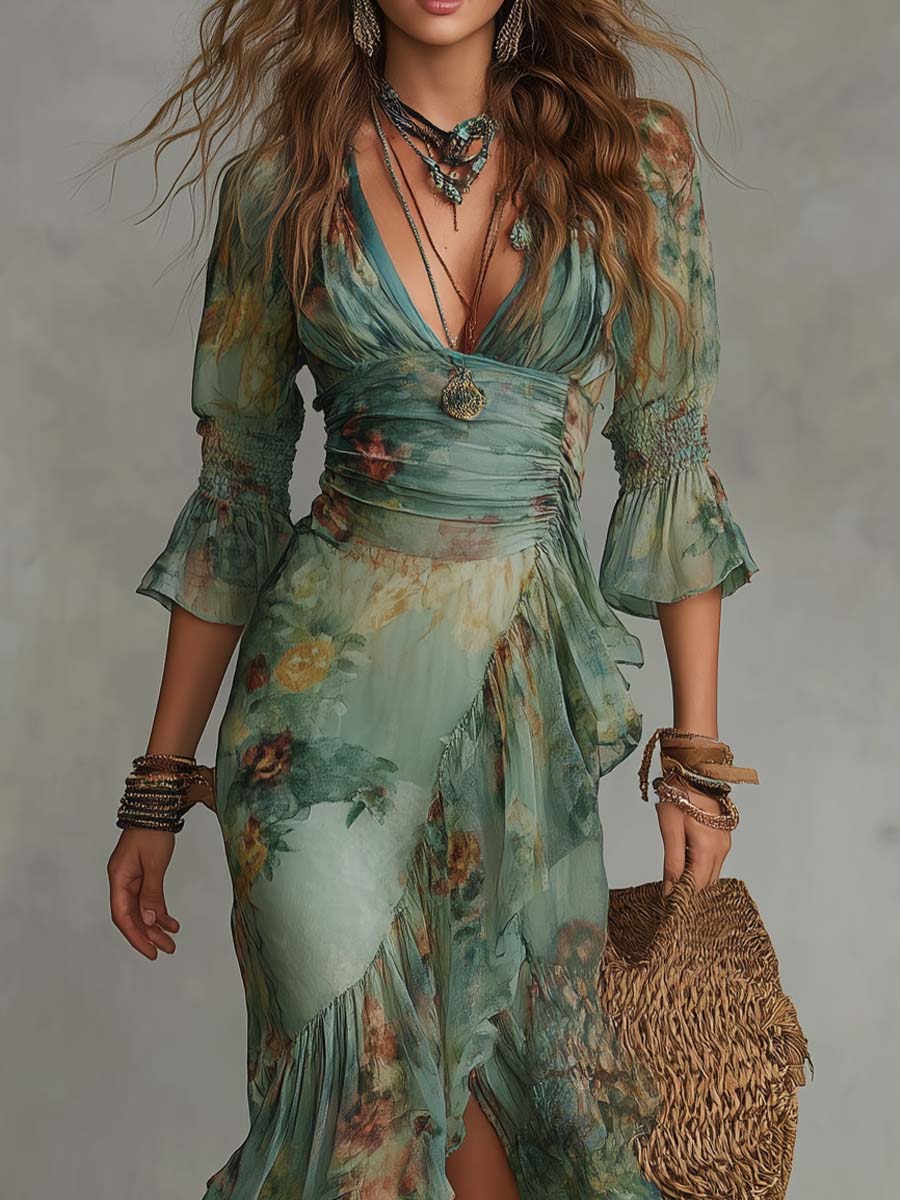 Aurora – Boho Blomstrete Maxi Kjole med en Romantisk Asymmetrisk Hem