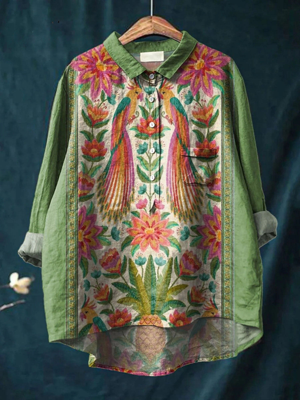 Kvinne Vintage Nydelig Blomsterfugler Kunsttrykk Casual Skjorte