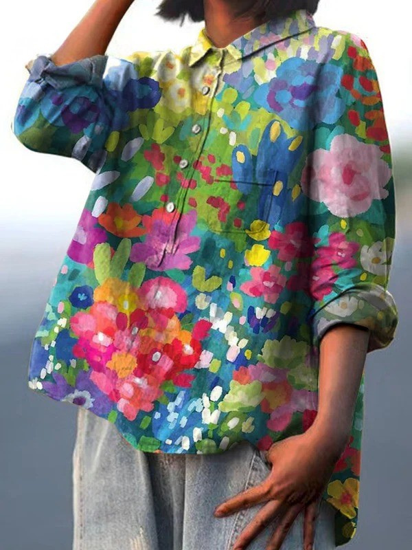 Kvinnes Vintage Nydelig Blomster Kunsttrykk Casual Skjorte