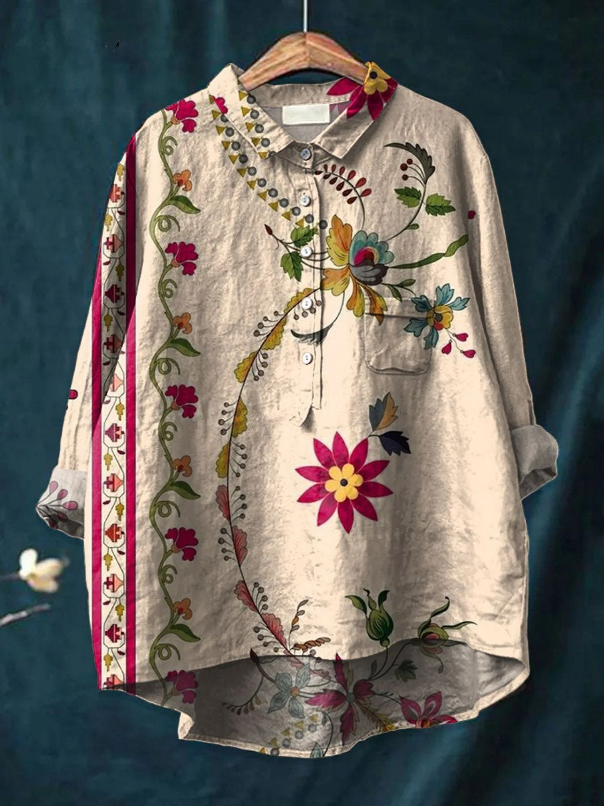 Dame Vintage Blomster Kunsttrykk Casual Skjorte.