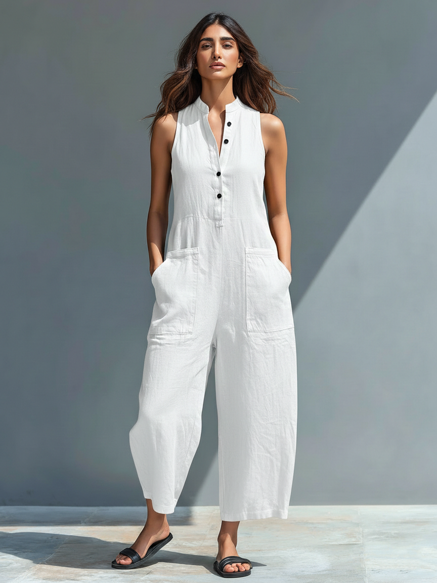 Ermeløs Minimalistisk Jumpsuit for Kvinner med Høy Krage og Knapper
