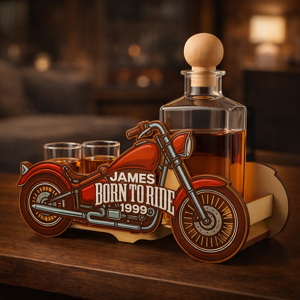 Whiskeyflaske - Motorsykkelsettutgave med Glass