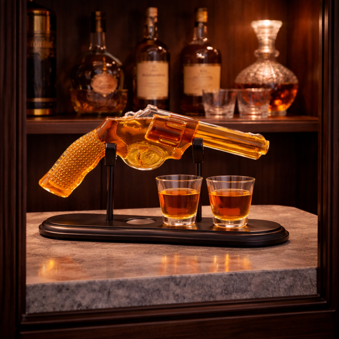 Whiskeyflaske – Revolver Set Utgave med Glass