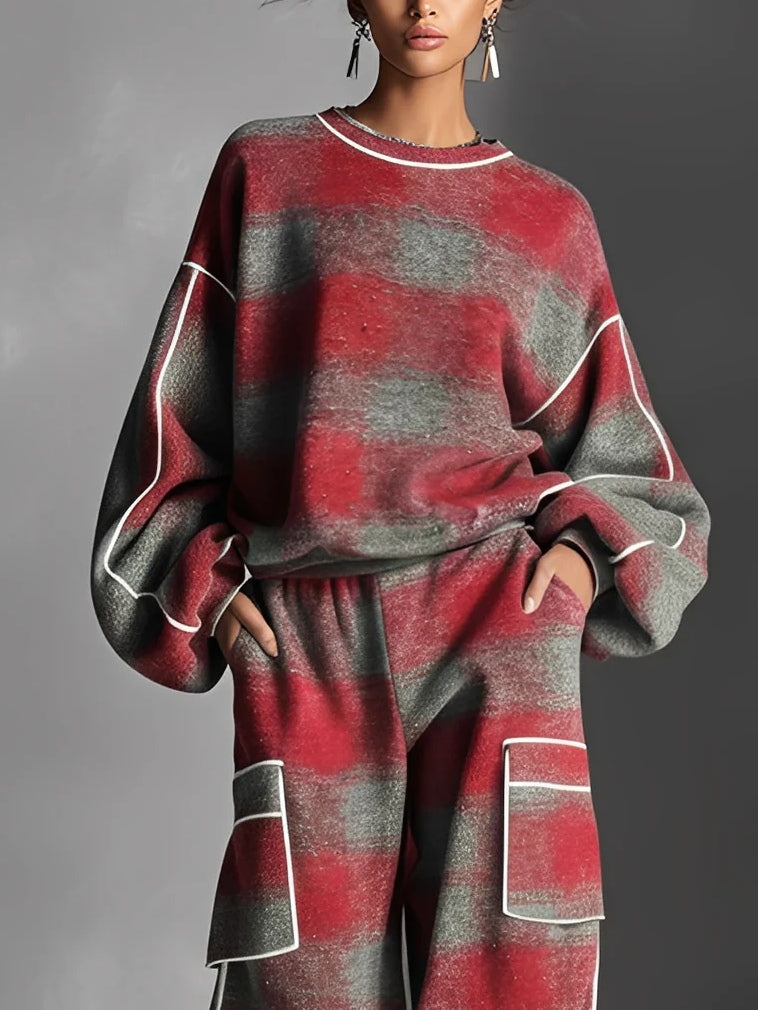 Rød og Grå Rutete Fargeblandet Sweatshirt og Casual Bukse To-delt Sett