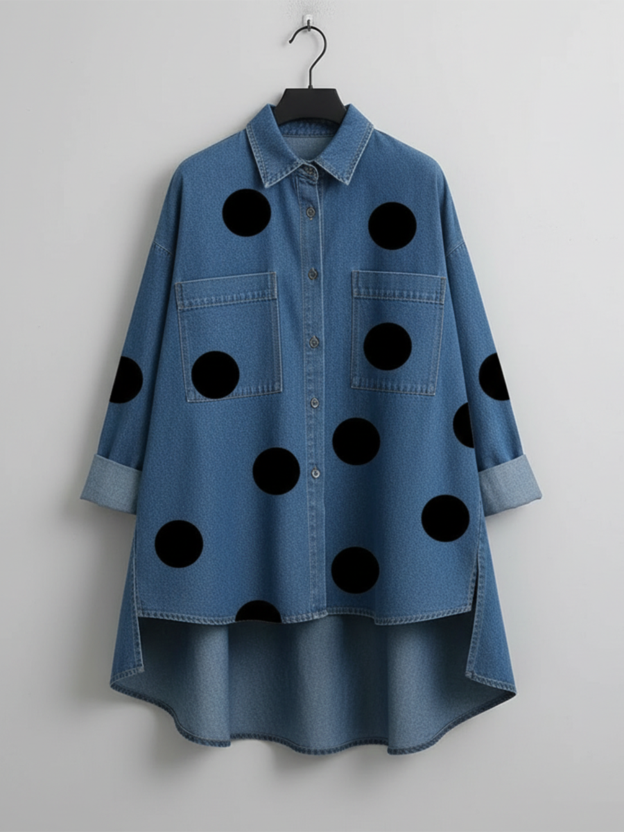Elegant Kunstnerisk Prikket Trykk Stå-krage Denim Topp