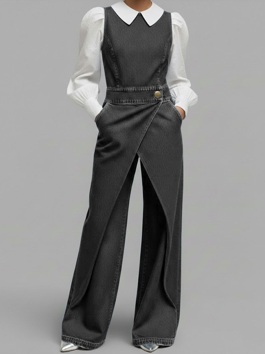 Kvinne Relaxed Rund Hals Uten Ermer Casual Løs Denim Vid Bukse Jumpsuit