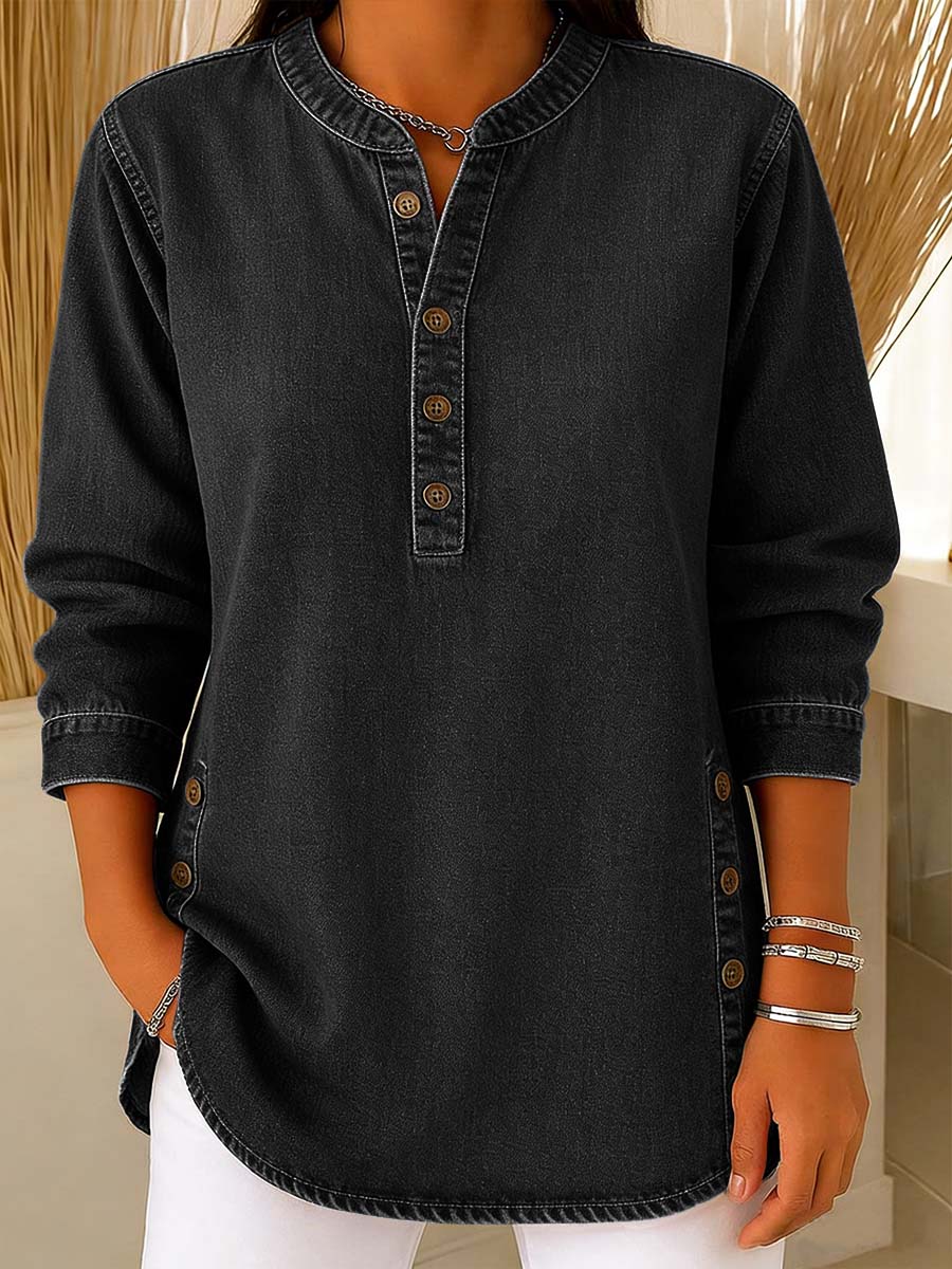 Dame V-hals Langermet Casual Knappeopp Denim Topp