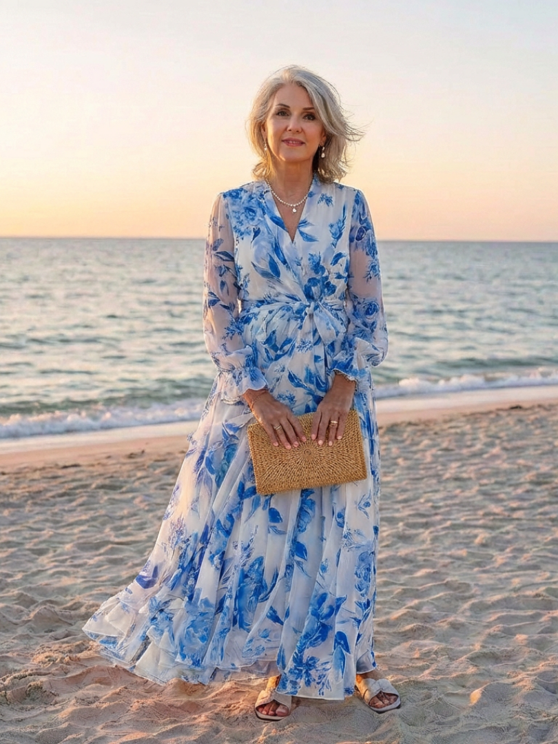 Lillian | Blomstrete Langermet Innpaknings Maxi Kjole