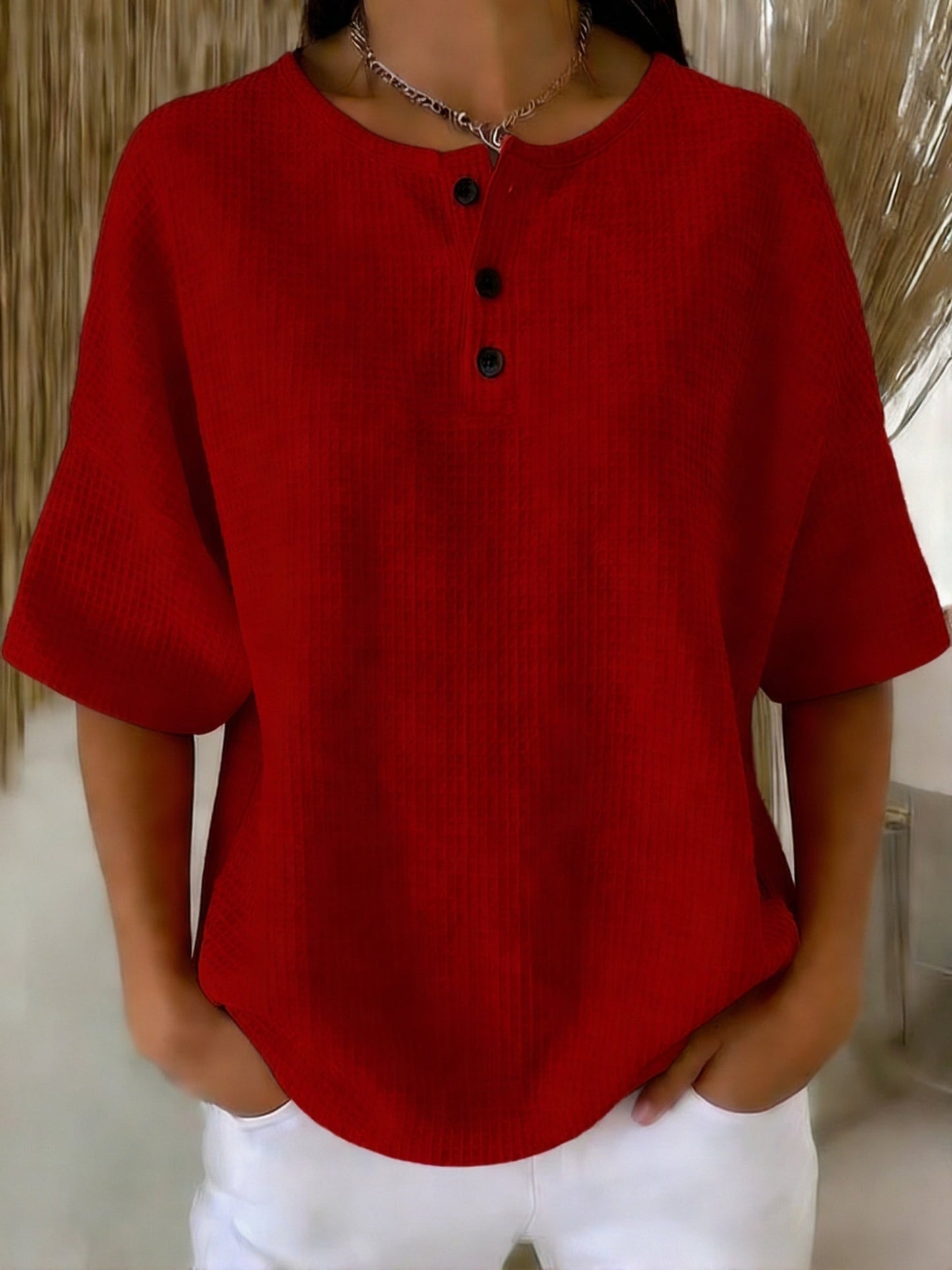 Casual Waffle Henry Collar Sweatshirt