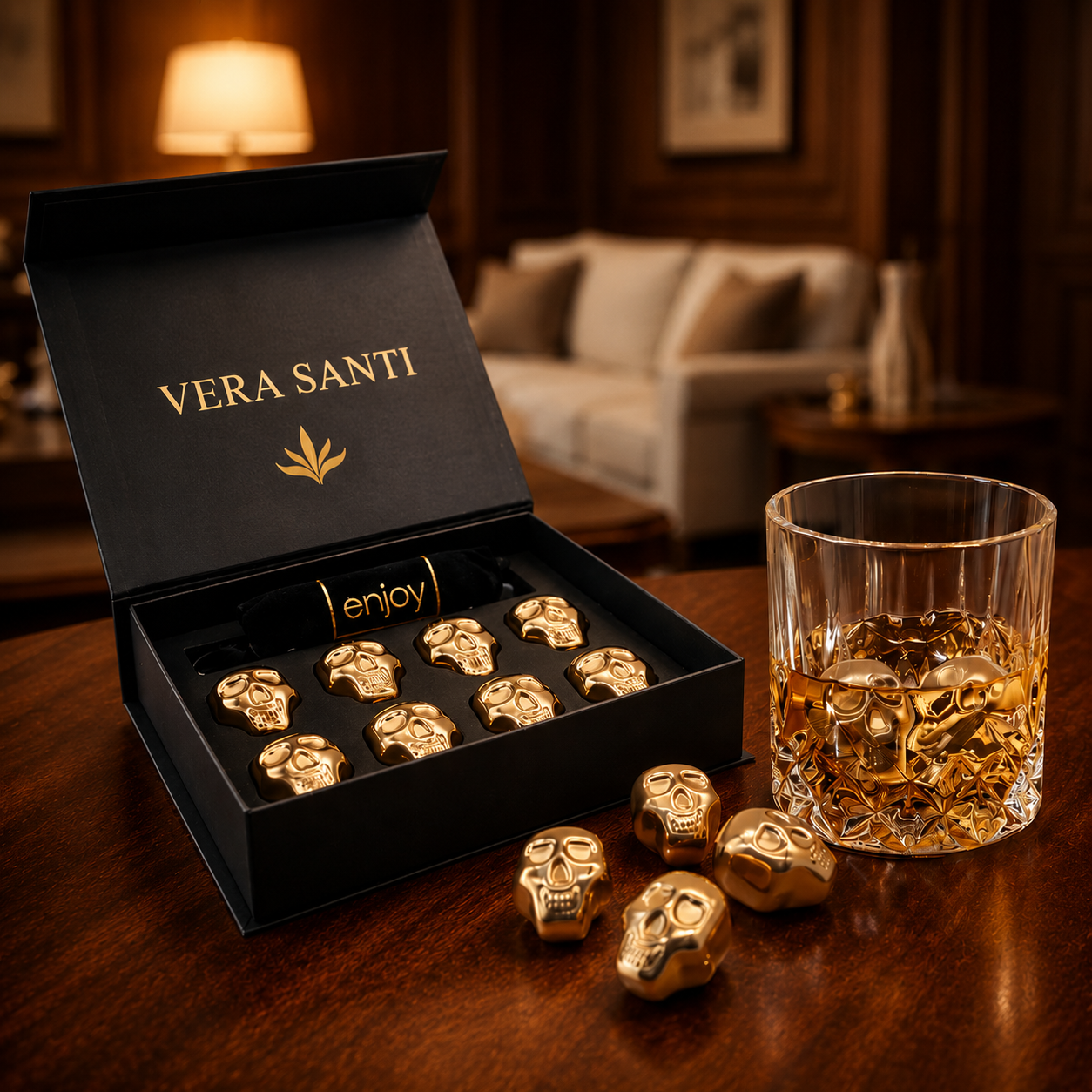 Premium Gyldne Hodeskalle Whisky Stener (Sett med 8)