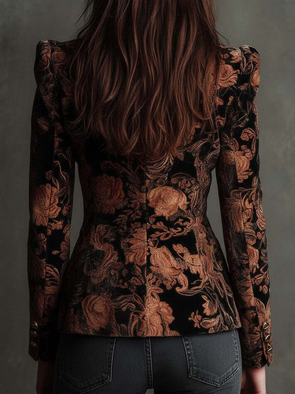 Women’s Black And Bronze Floral Print Tailored Blazer