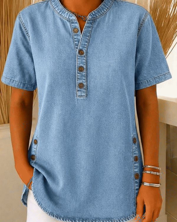 Kvinners Løse Denim Topp - V-Hals Kortermet Casual Knappe Opp Bomull Bluse