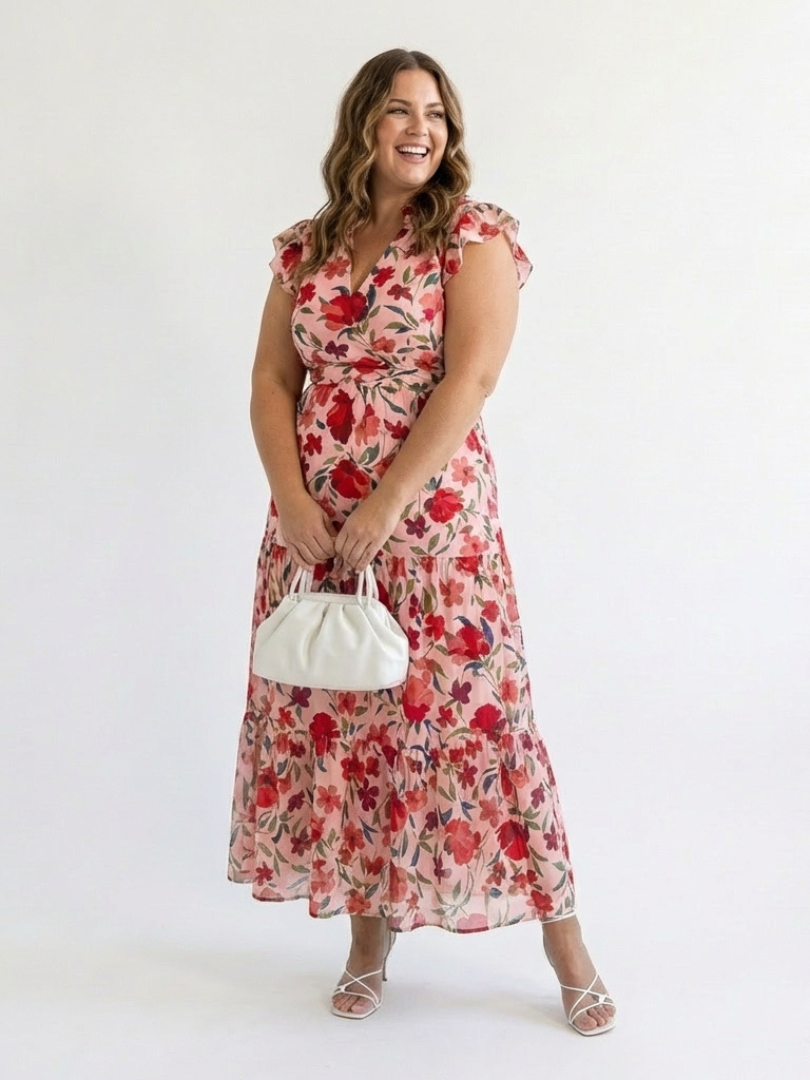 Lila | Blomstrete V-hals Lagdelt Midikjole