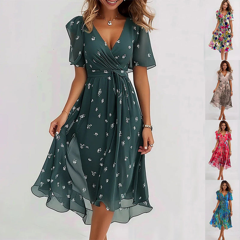 Arianna - Lett Korte Ermer Kjole med Elegant Print