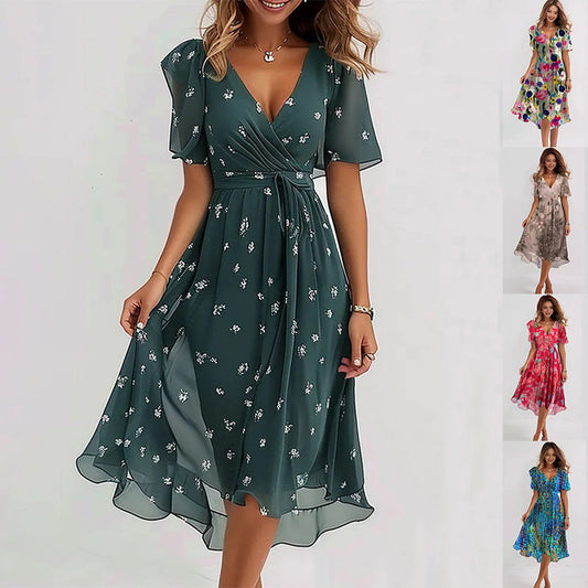 Arianna - Lett Korte Ermer Kjole med Elegant Print