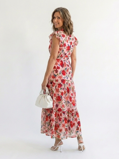 Lila | Blomstrete V-hals Lagdelt Midikjole