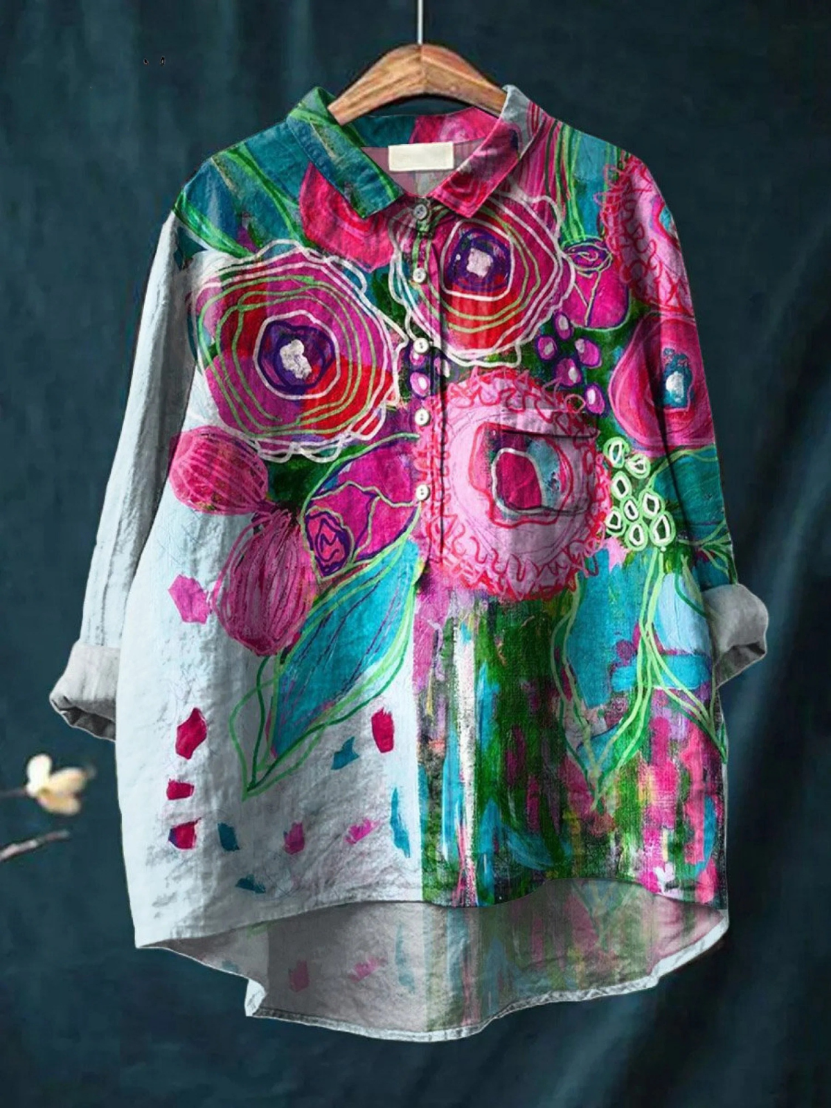 Vintage Nydelig Blomster Kunsttrykk Casual Skjorte