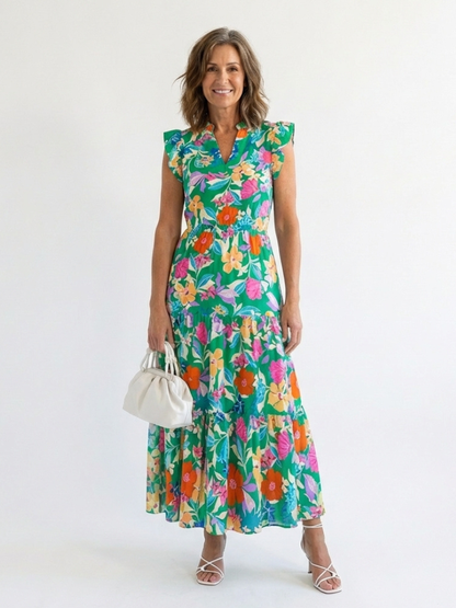 Lila | Blomstrete V-hals Lagdelt Midikjole