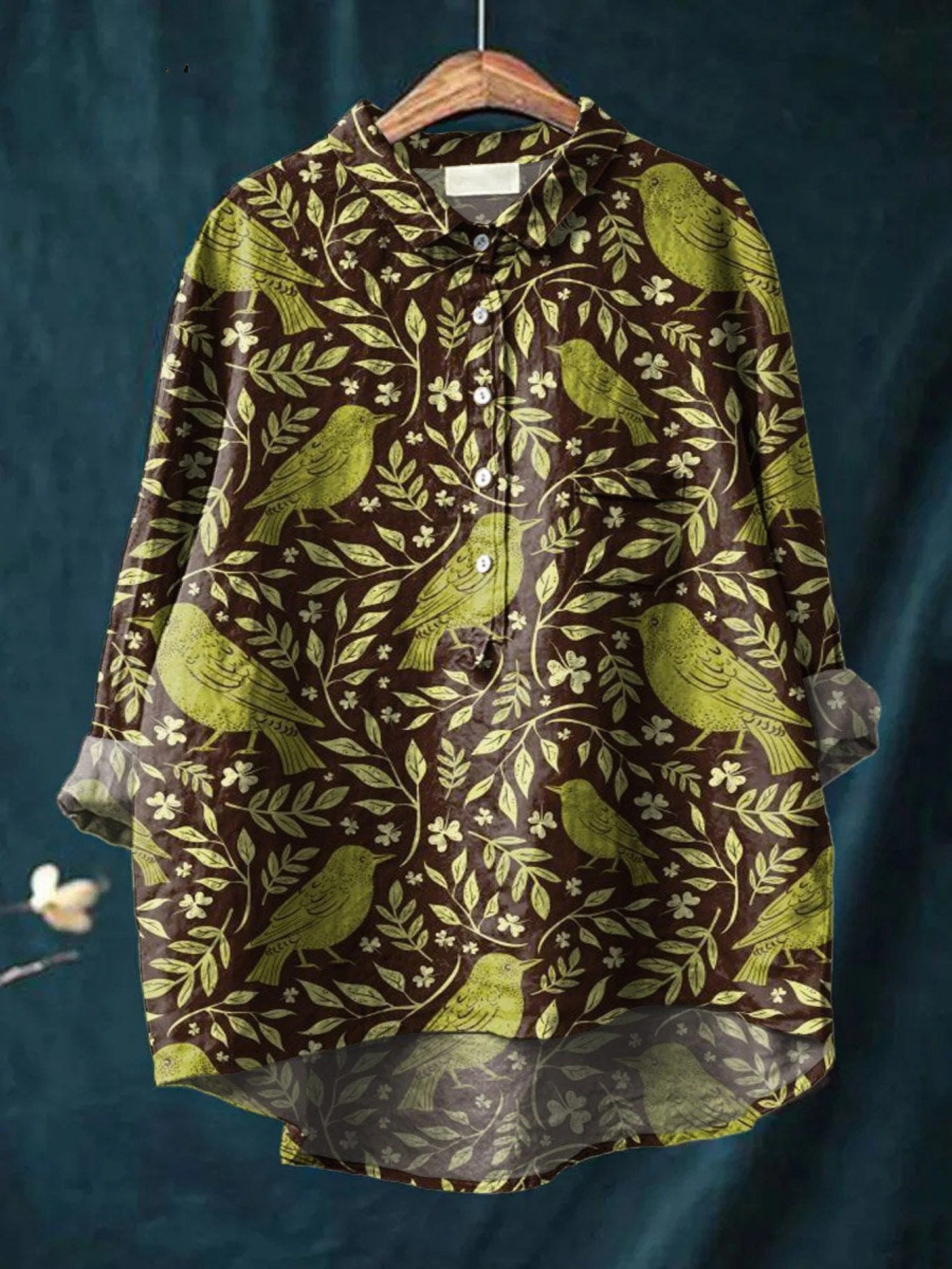 Kvinnes Vintage Blomsterfugl Kunsttrykk Casual Skjorte