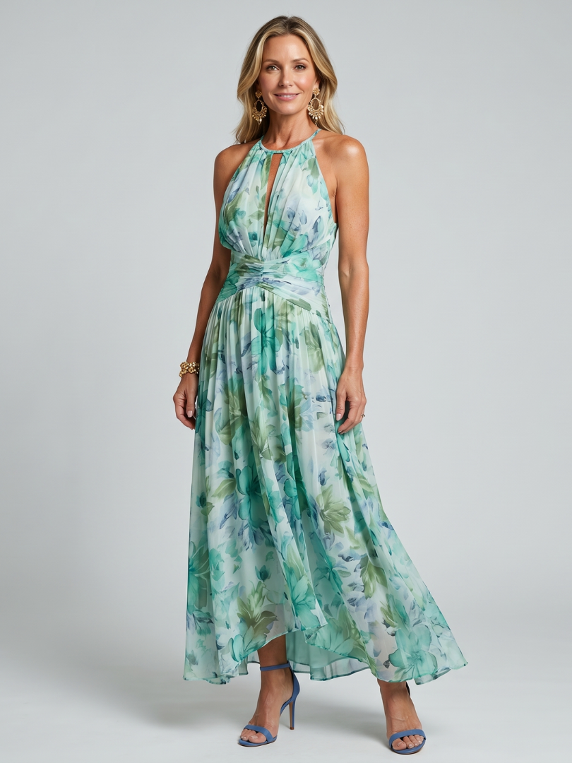 Portia | Midikjole med halterneck, plissé og blomsterprint