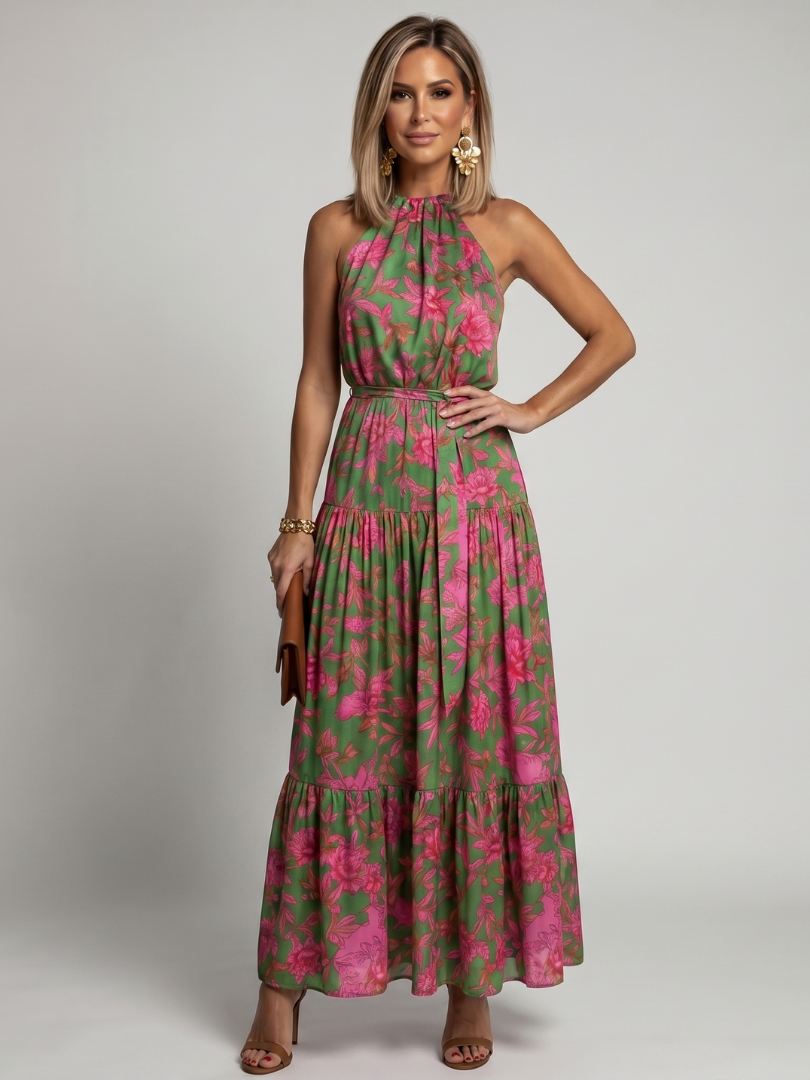 Rosa | Midi kjole med drapering og halterneck