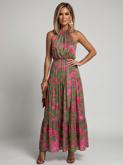 Rosa | Midi kjole med drapering og halterneck
