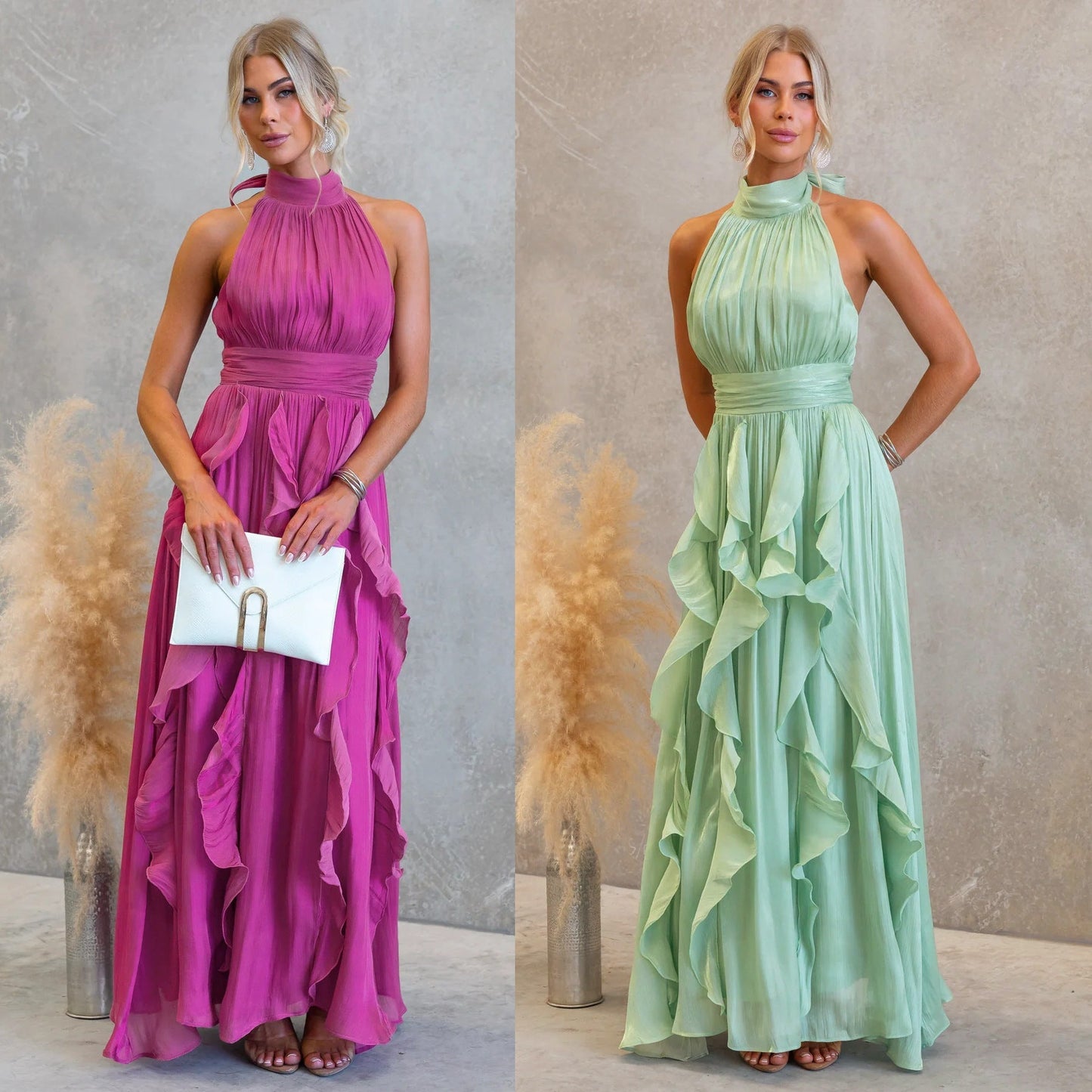 Celestia | Rynket Halter Maxi Kjole