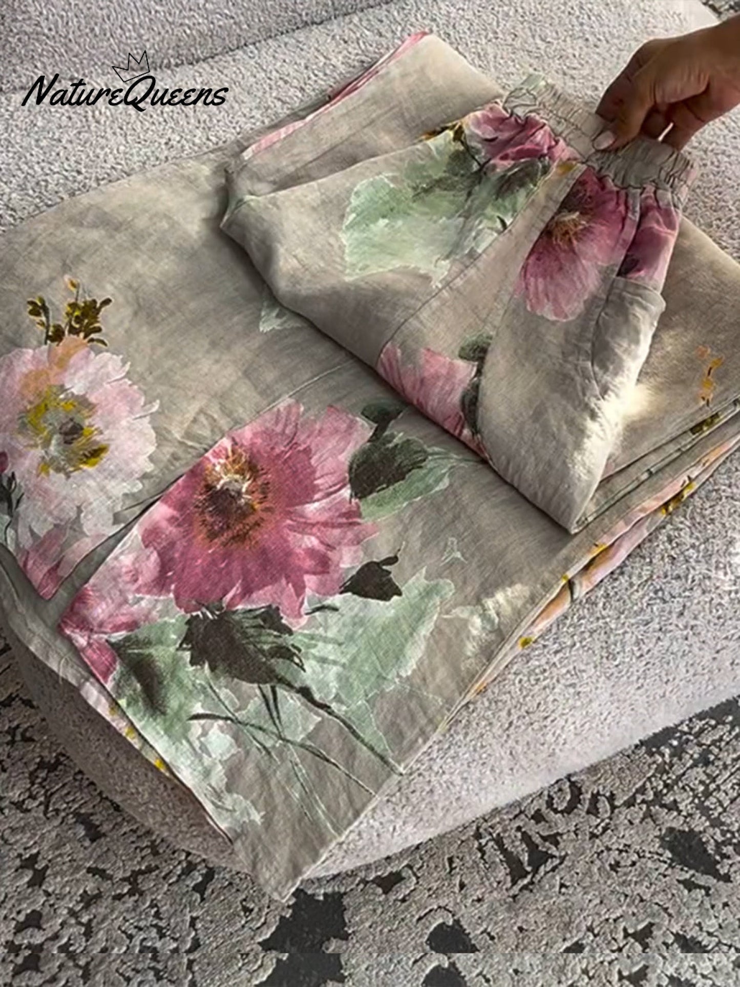 Kvinne Vintage Blomstertrykk Casual Bomull og Lin Bukser