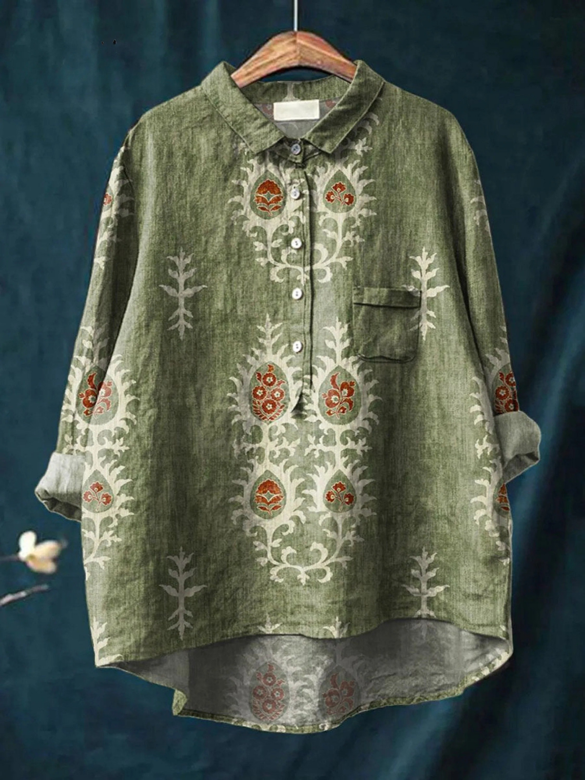 Kvinnes Vintage Etnisk Blomster Kunsttrykk Casual Skjorte