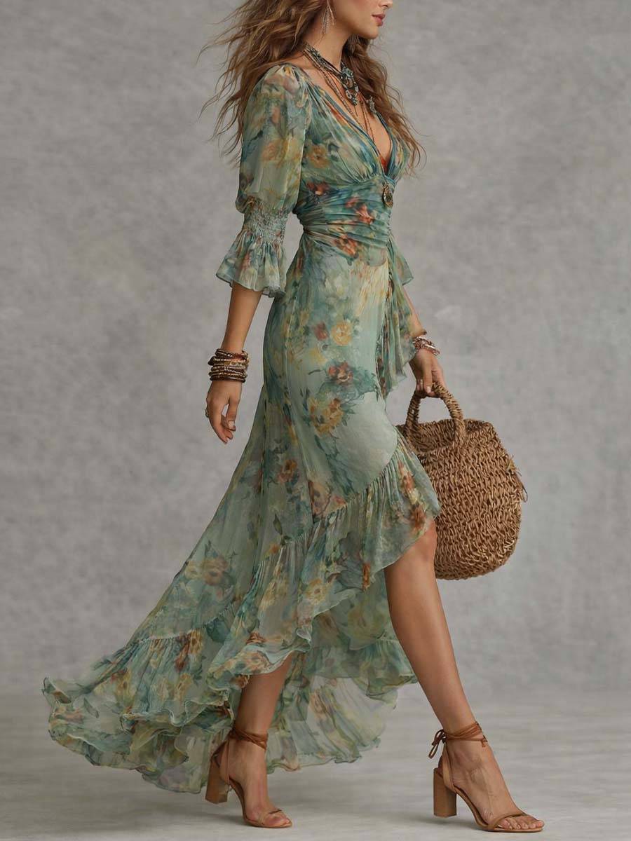 Aurora – Boho Blomstrete Maxi Kjole med en Romantisk Asymmetrisk Hem