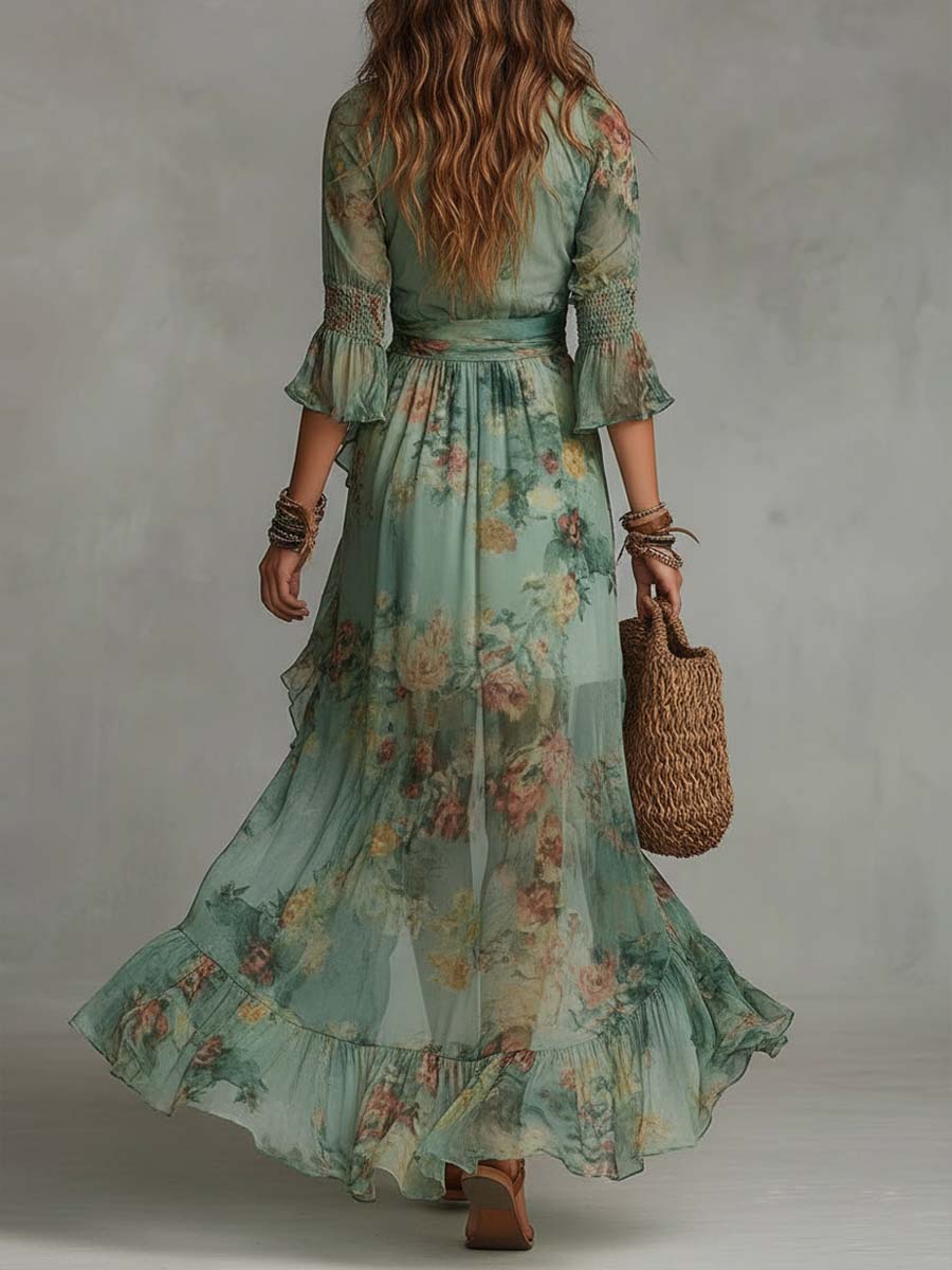 Aurora – Boho Blomstrete Maxi Kjole med en Romantisk Asymmetrisk Hem