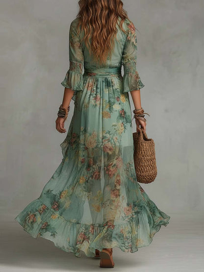Aurora – Boho Blomstrete Maxi Kjole med en Romantisk Asymmetrisk Hem