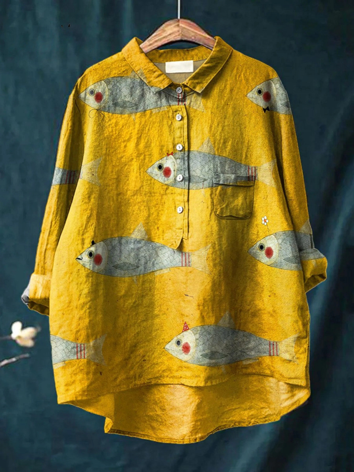 Kvinnes Vintage Fiskekunst Trykk Casual Skjorte