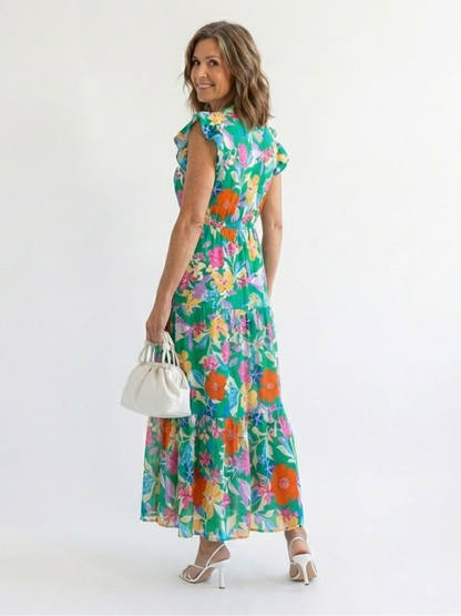 Lila | Blomstrete V-hals Lagdelt Midikjole