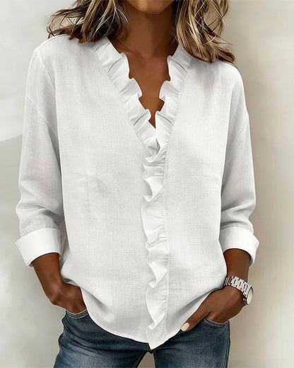 Susan | Bluse med Volanger, V-Hals og Lange Ermer
