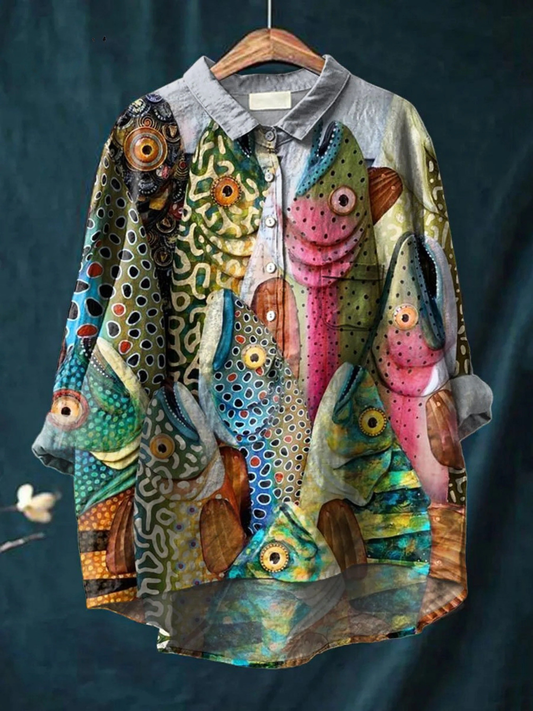 Vintage Morsom Fisk Kunst Trykk Uformell Skjorte