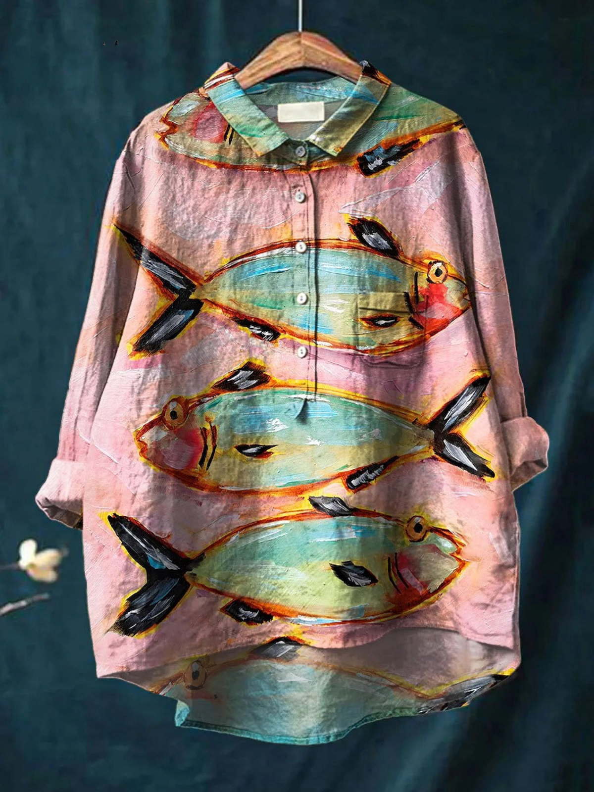 Kvinnes Vintage Fisk Kunst Trykk Casual Skjorte