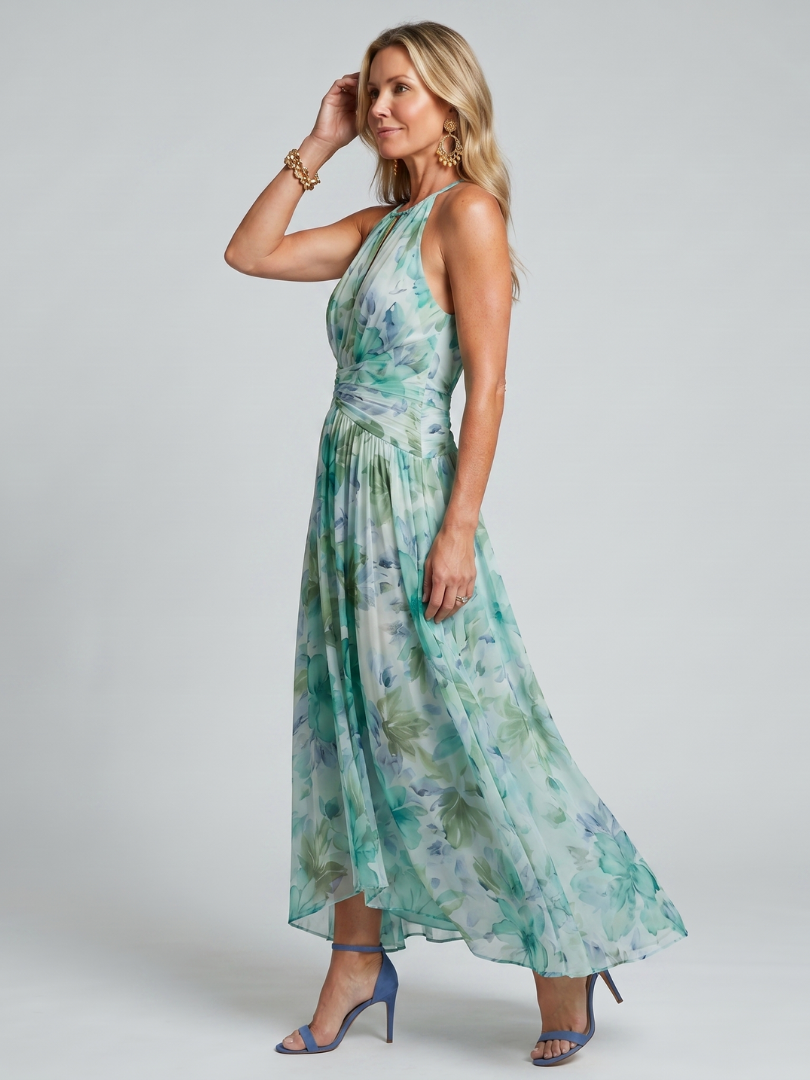 Portia | Midikjole med halterneck, plissé og blomsterprint