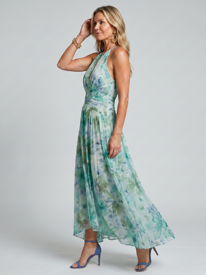Portia | Midikjole med halterneck, plissé og blomsterprint
