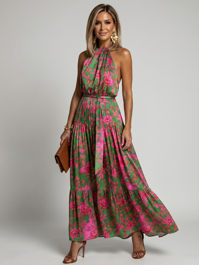 Rosa | Midi kjole med drapering og halterneck