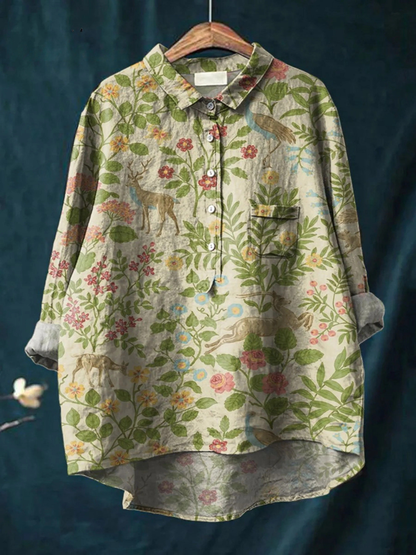 Kvinnes Vintage Blomster Dyr Kunst Trykk Casual Skjorte