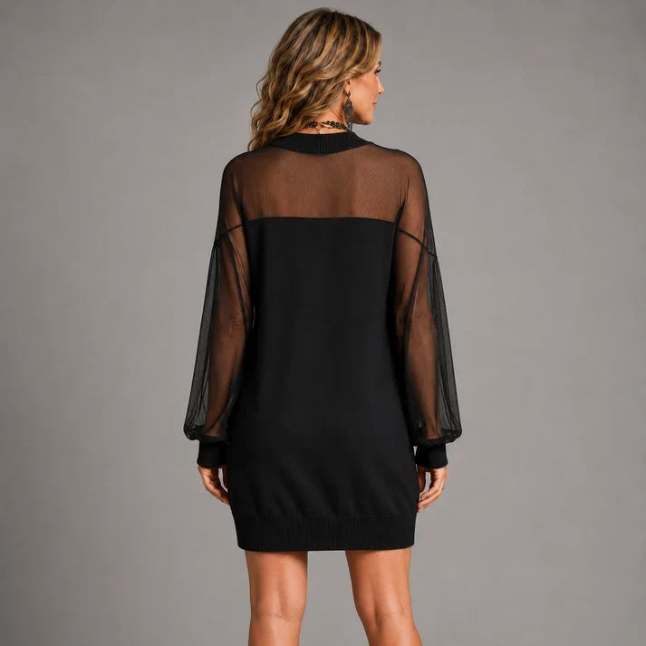 Amélie™ | Elegant Black Mini Dress with Mesh Sleeves