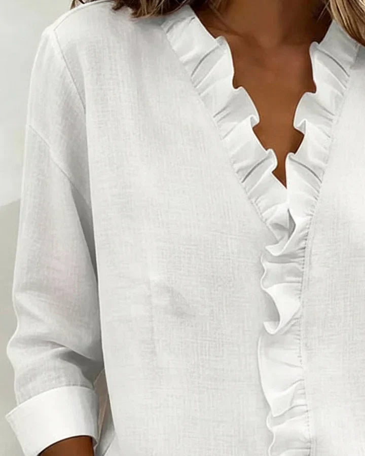 Susan | Bluse med Volanger, V-Hals og Lange Ermer