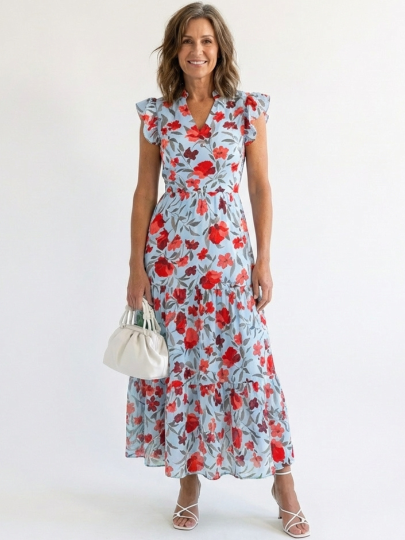 Lila | Blomstrete V-hals Lagdelt Midikjole