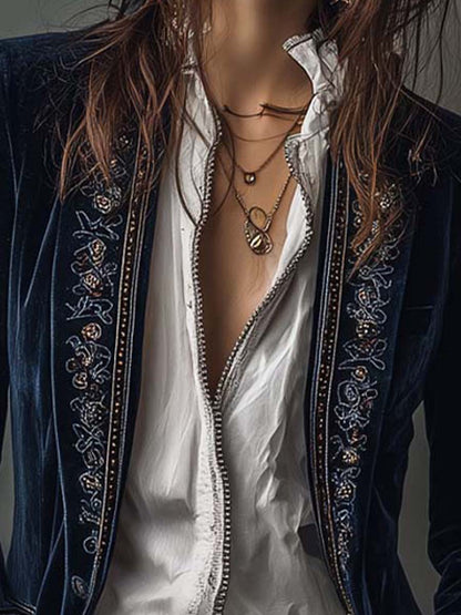 Women’s Vintage Navy Embroidered Longline Jacket
